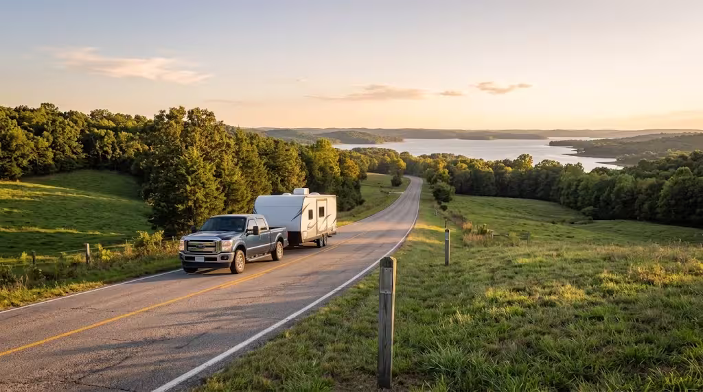 Travel trailer heading south on a rural highway near Highlandville, Missouri, with Ozark hills in the background.