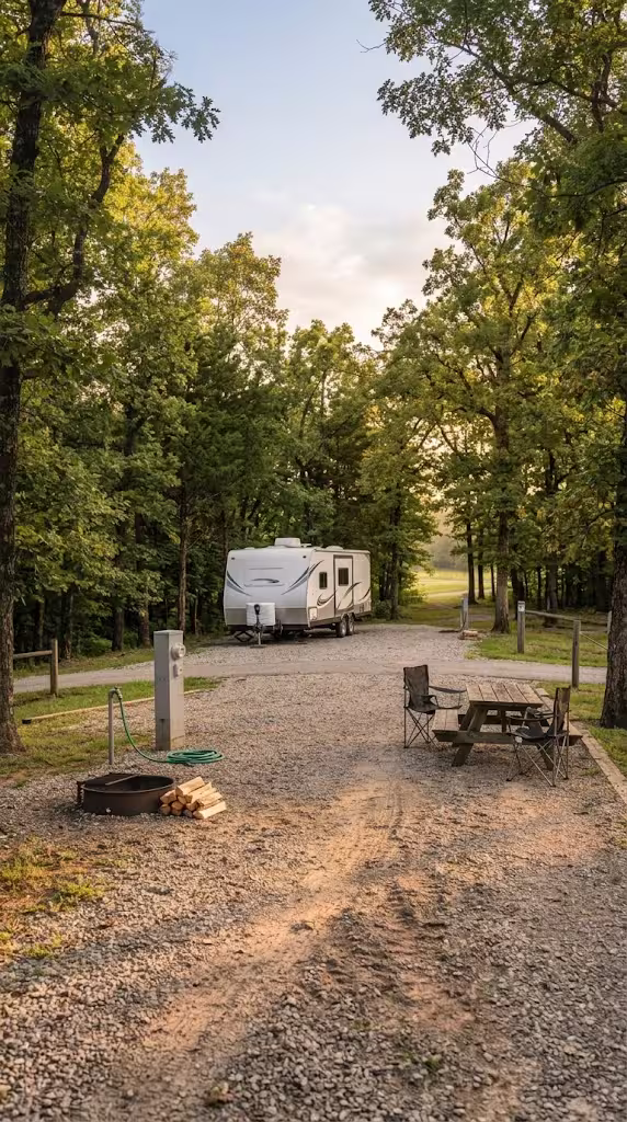 Travel trailer parked at a full-hookup RV park site near Highlandville, Missouri.