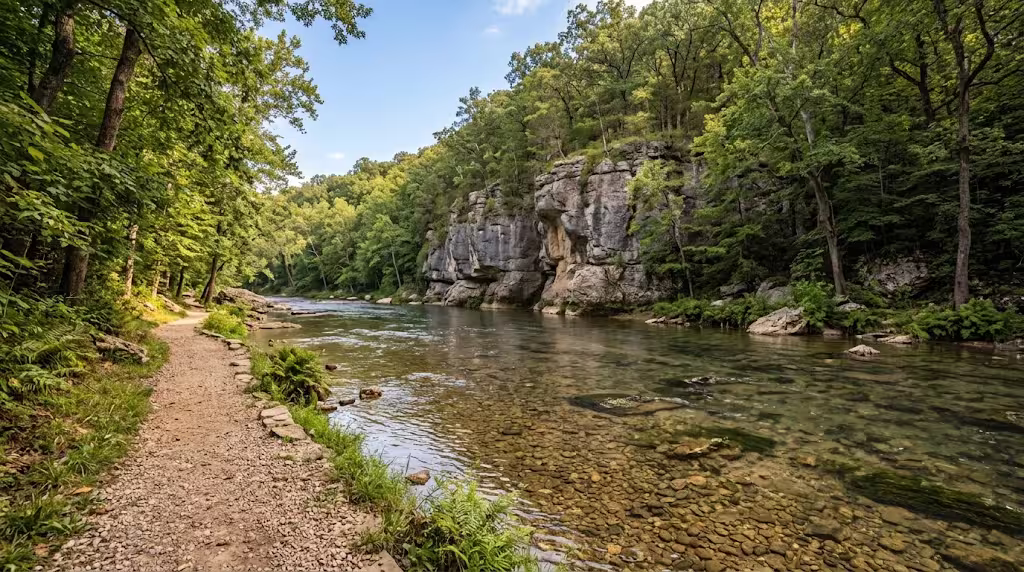 Wooded hiking trail at Busiek State Forest near Highlandville, Missouri.