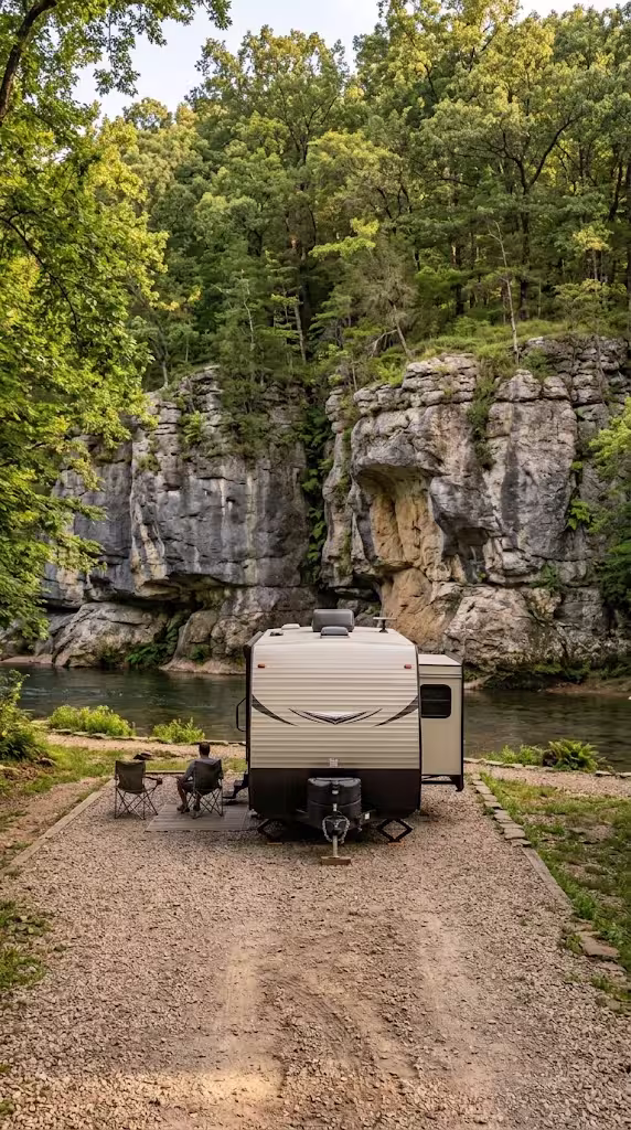 Travel trailer parked at a wooded Ozark campground near Highlandville, Missouri.