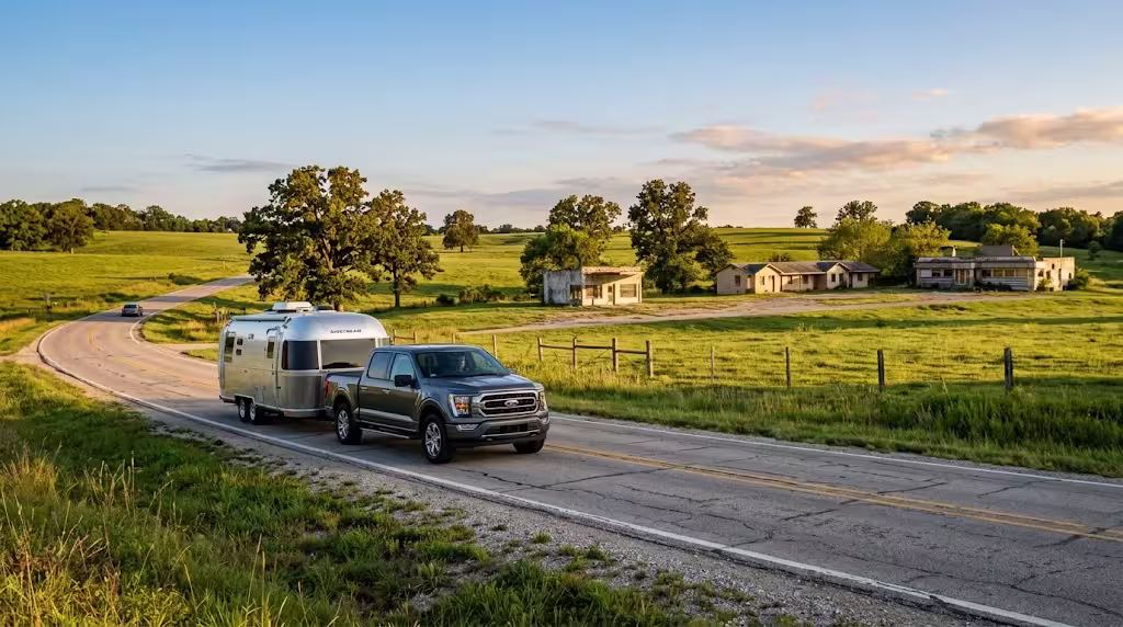 Travel trailer heading down a rural highway near Ash Grove, Missouri.