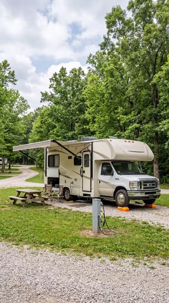 RV parked at a campsite with hookups at an RV park near Ash Grove, Missouri.