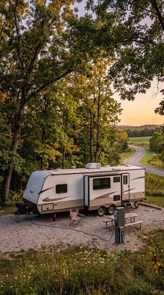 Travel trailer at a campsite near Ash Grove, Missouri with hookups visible.