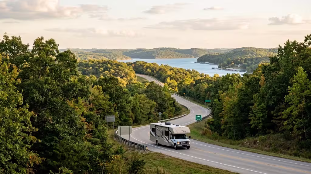 RV traveling a wooded highway near Camdenton, Missouri, toward the Lake of the Ozarks