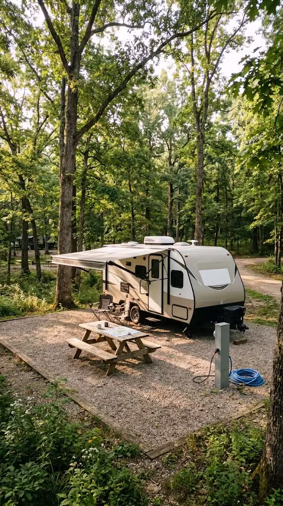 RV parked at a wooded campsite near Camdenton, Missouri, at Lake of the Ozarks