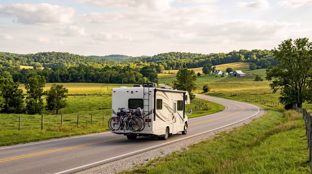Motorhome traveling a rural highway between Marshfield and the Camdenton area