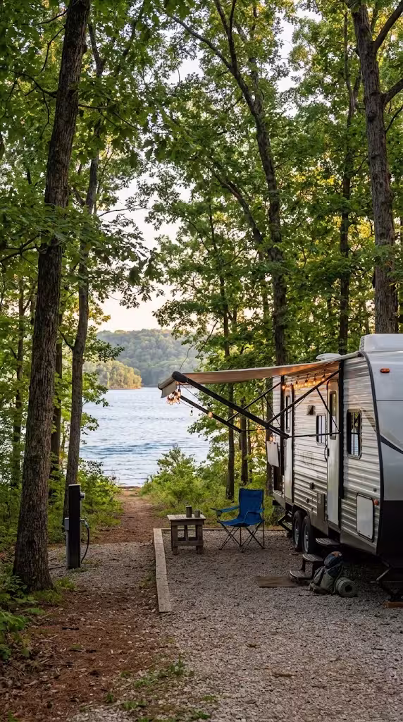 RV parked near the Lake of the Ozarks shoreline close to Camdenton, Missouri