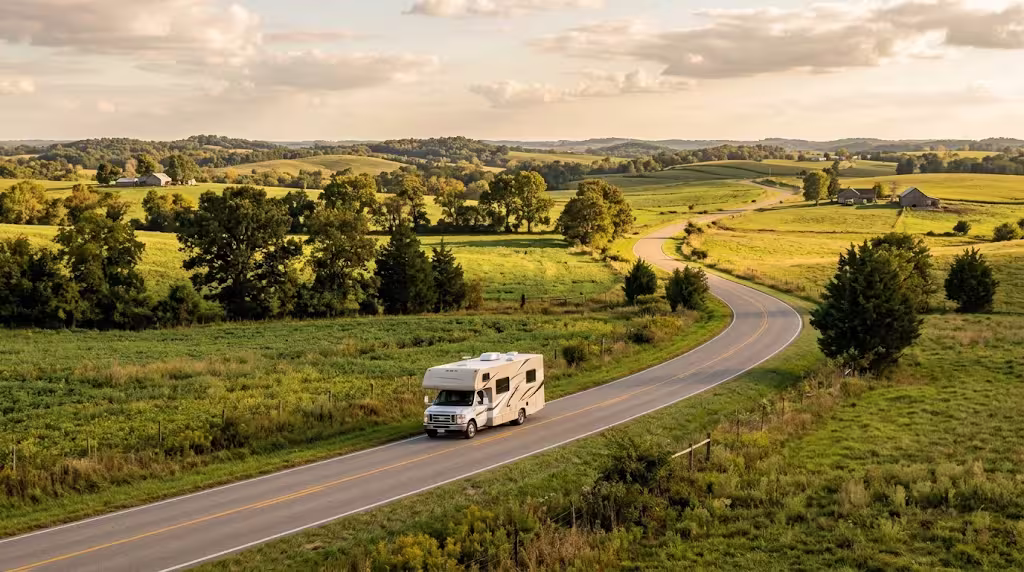 Motorhome traveling a rural highway near Bolivar, Missouri
