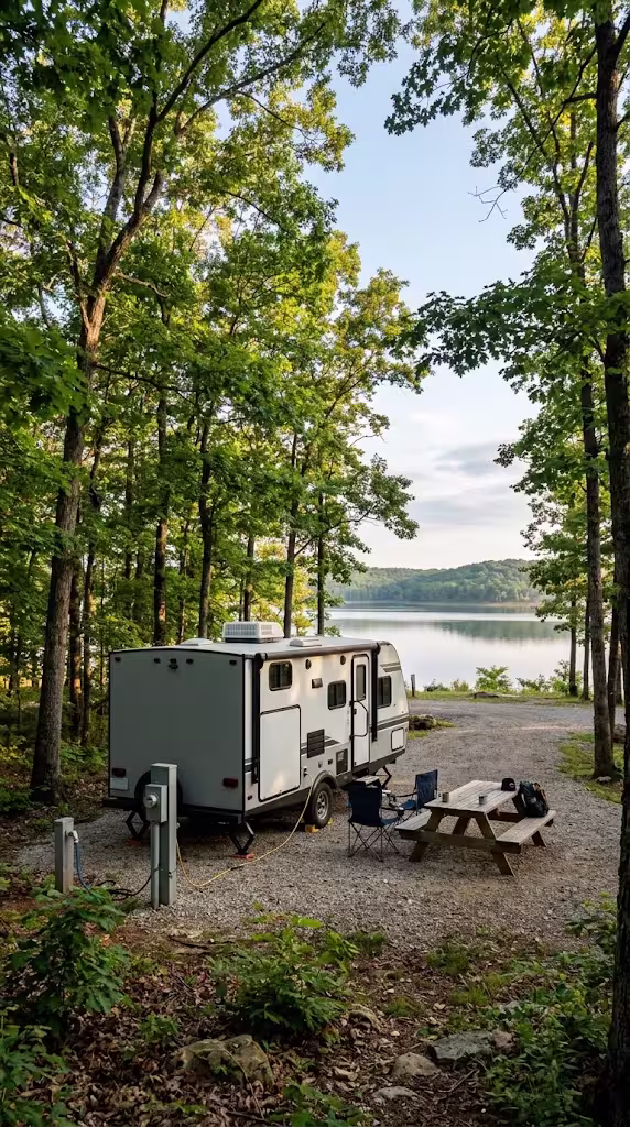 Travel trailer at a lakeside campsite near Stockton Lake, Missouri