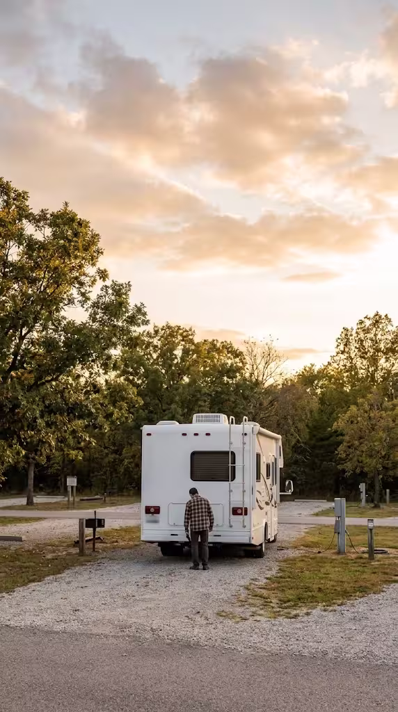 Motorhome parked at an RV park site in Bolivar, Missouri