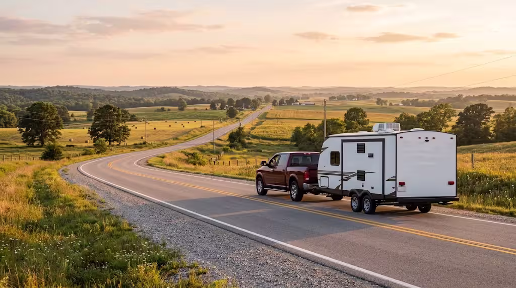 Travel trailer on a rural highway near Battlefield, Missouri