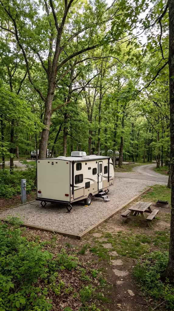 RV parked at a campground near Battlefield and Marshfield, Missouri