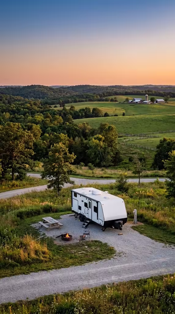 RV parked with Ozark countryside scenery near Battlefield, Missouri