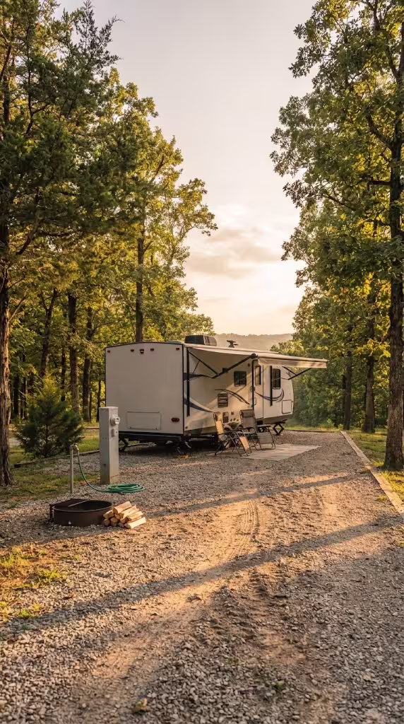 A travel trailer parked at a full hookup site in an Ozark RV park near Aurora, Missouri.
