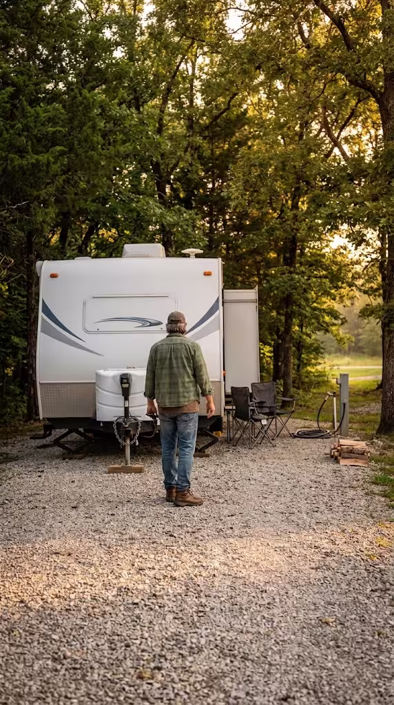 A traveler standing behind a parked travel trailer at an Ozark campground near Aurora, Missouri.