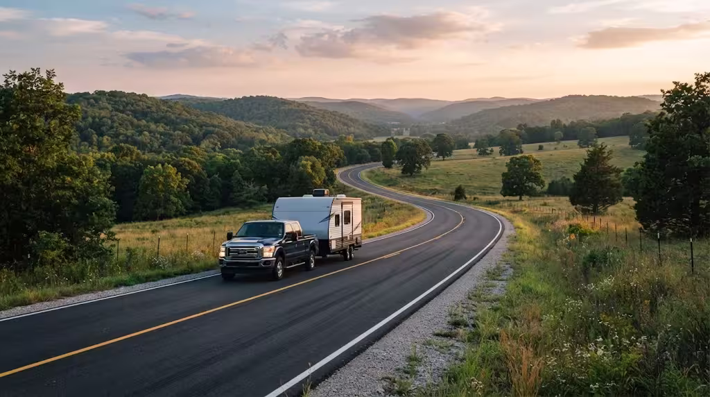 A travel trailer towing along a rural highway near Buffalo, Missouri, with Ozark hills in the background.