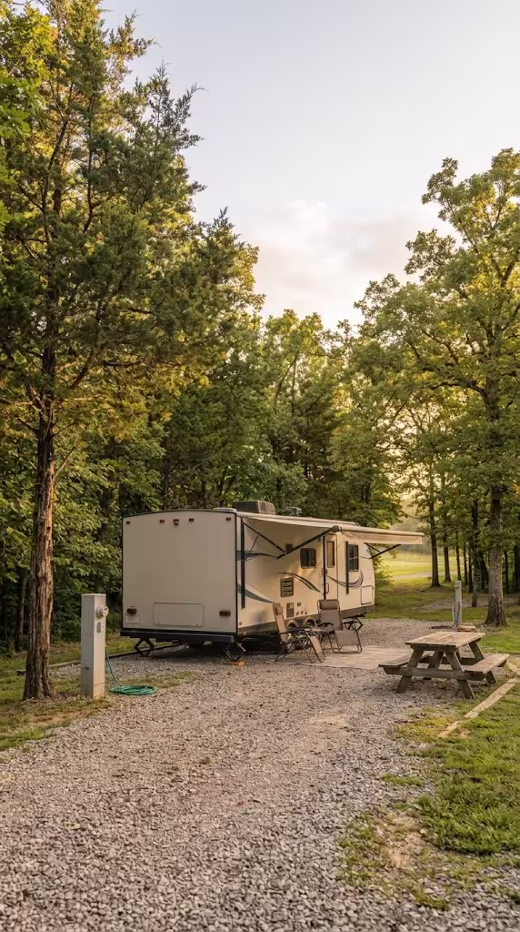A travel trailer parked at a gravel RV campsite with hookups near Buffalo, Missouri.