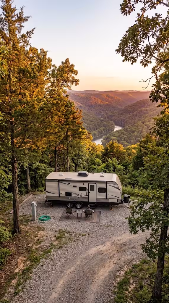 A travel trailer parked near the Niangua River valley in the Ozarks near Buffalo, Missouri.