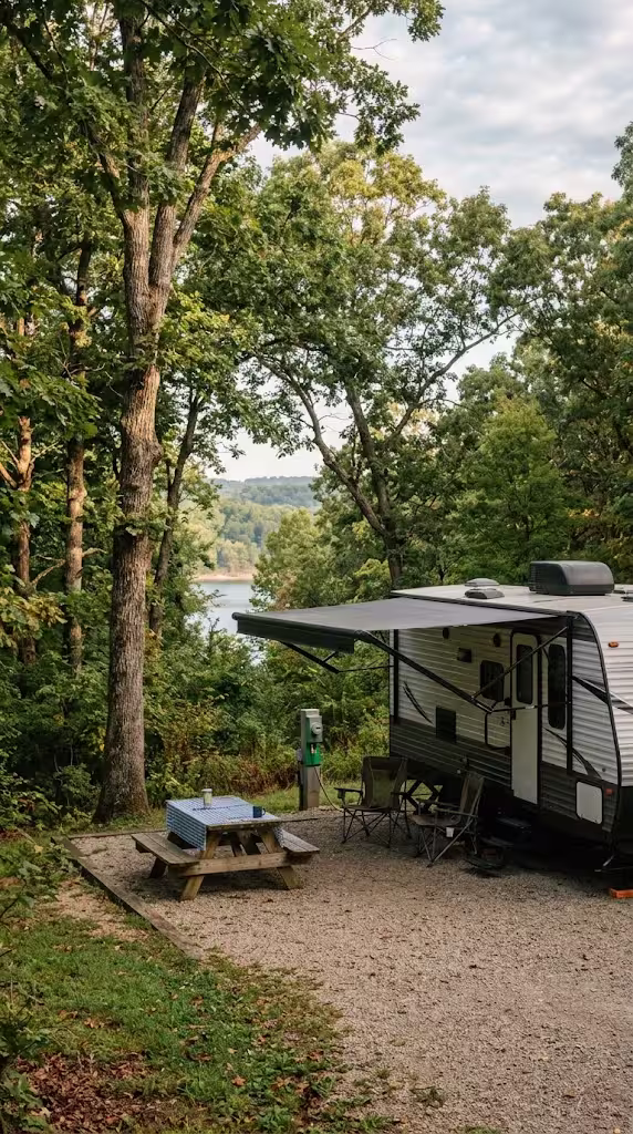 Travel trailer set up at a Table Rock Lake area campsite near Branson.