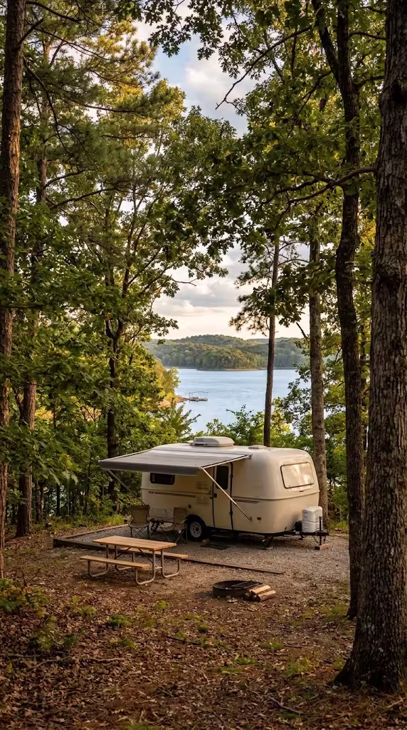 Travel trailer camped near Table Rock Lake outside Branson.