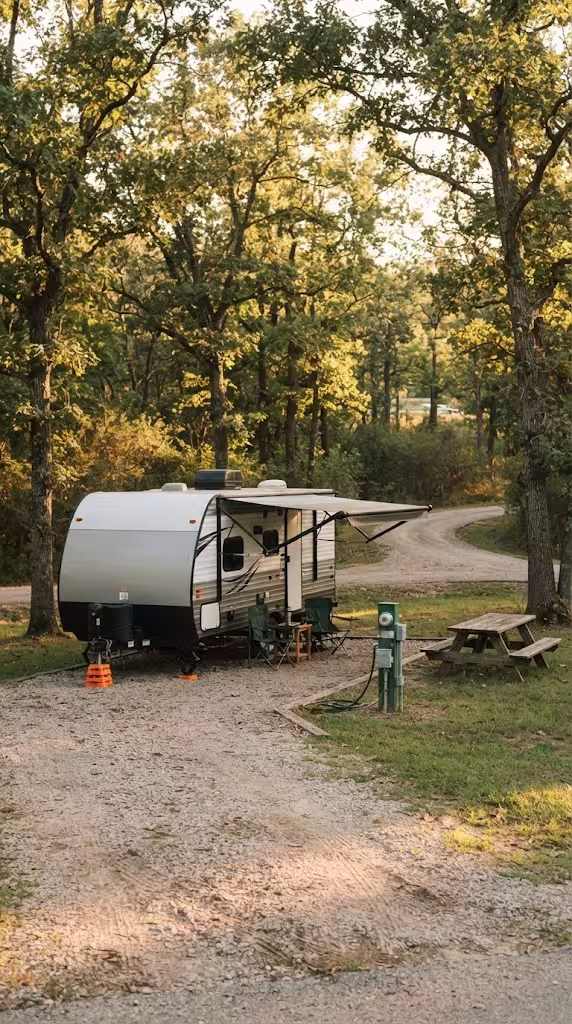 Travel trailer set up with hookups at a wooded RV park campsite near Springfield, MO