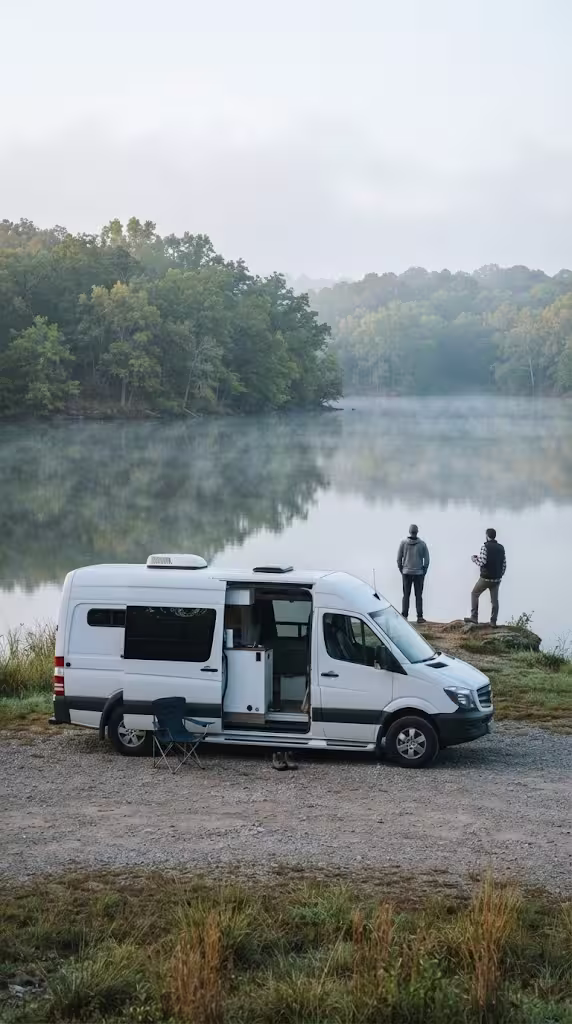 Camper van parked near the Fellows Lake shoreline north of Springfield, MO