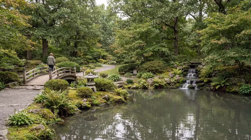 Pond, footbridge, and stone lantern at the Japanese stroll garden in Springfield, MO