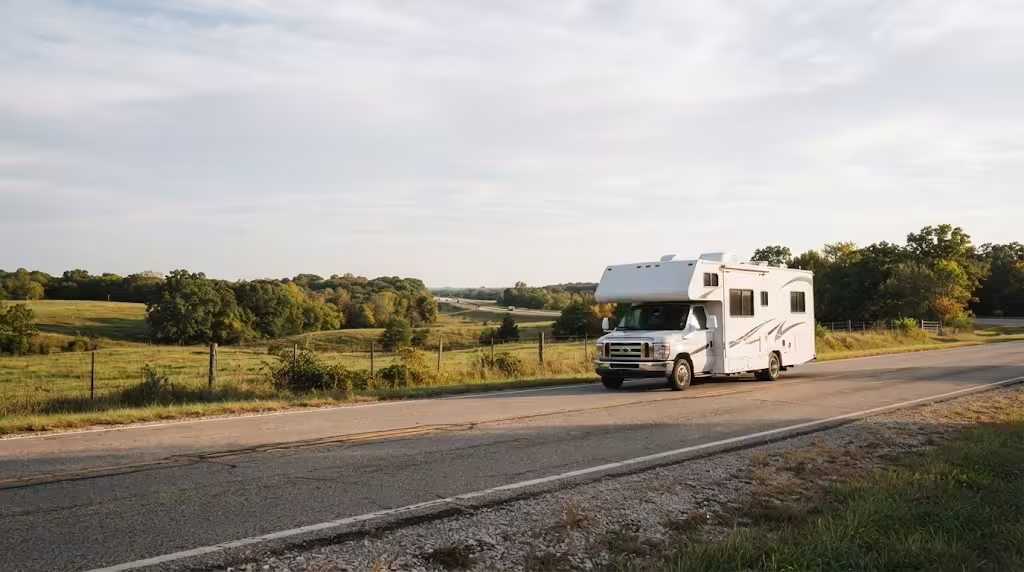 Class C motorhome on a rural Ozark highway near Marshfield, Missouri