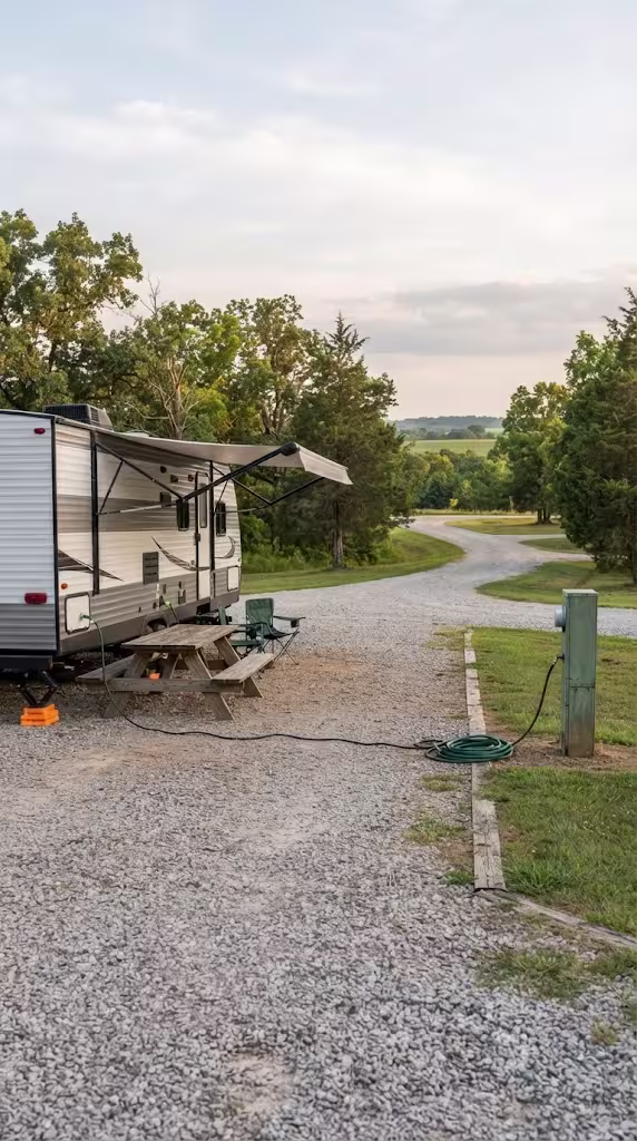 Travel trailer on a gravel campsite with hookups at an RV park near Marshfield