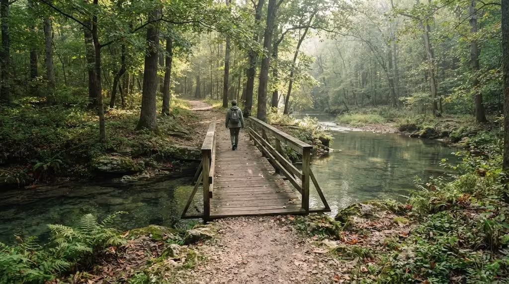 Wooden footbridge over a spring-fed creek on the trails at Hidden Waters Nature Park in Marshfield