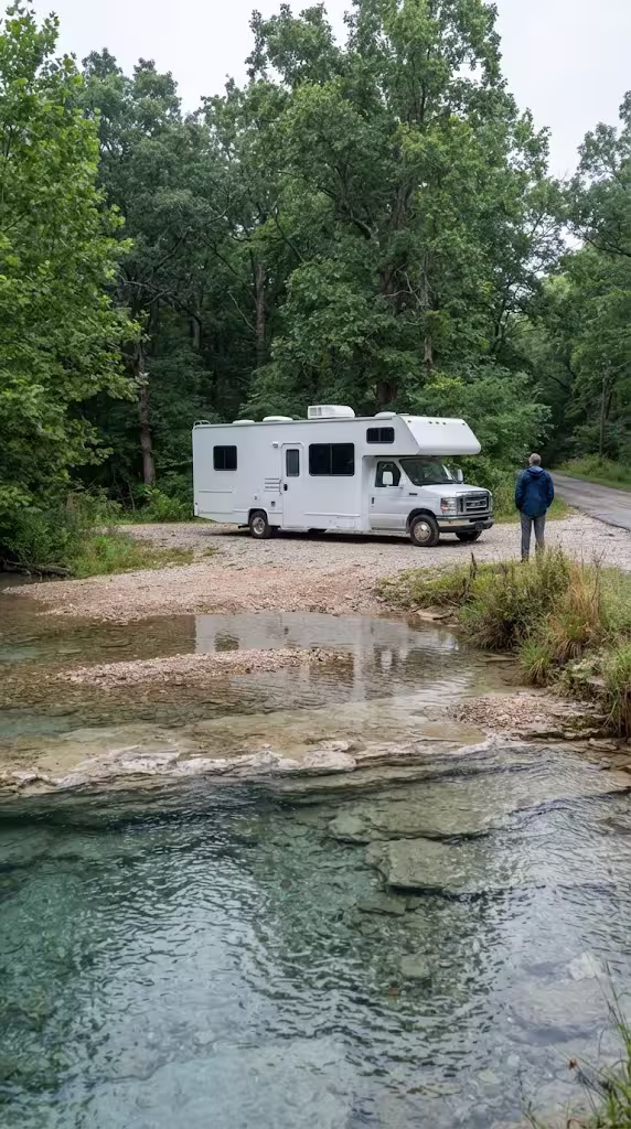 Class C motorhome parked beside a clear spring stream in the Ozark country north of Marshfield