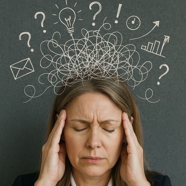 mme cadre stressée, les yeux fermés et les mains sur les tempes, avec des symboles dessinés représentant la charge mentale au-dessus de sa tête.