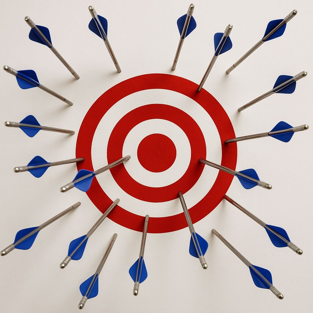 Flèches bleues et argentées manquant très largement la cible rouge