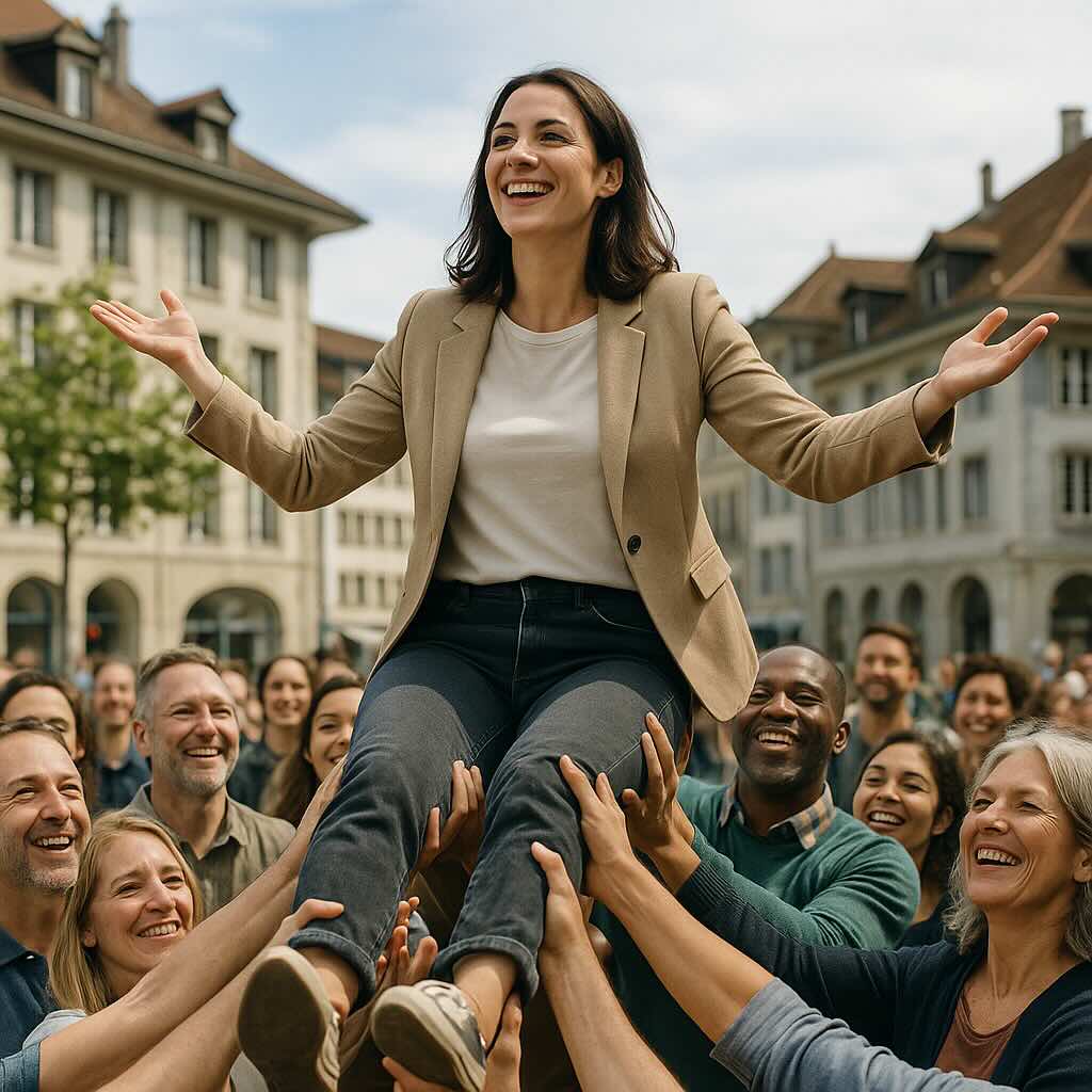 Une entrepreneure suisse souriante est portée en l’air par une foule d’investisseurs lors d’un événement en plein air, illustrant le soutien collectif du crowdfunding pour les PME en Suisse.