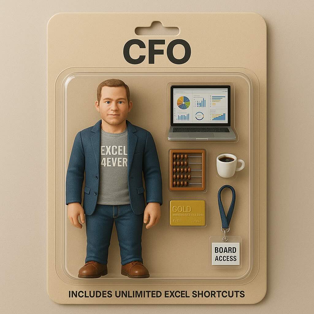 Figurine de CFO en blazer bleu avec t-shirt « EXCEL 4EVER » dans un coffret, avec accessoires : laptop, abacus, café, carte gold et badge « Board Access »