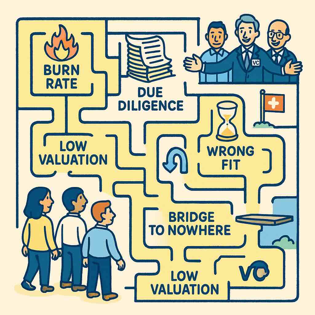 Labyrinthe illustrant le parcours de trois entrepreneurs suisses vers des investisseurs, semé de pièges du fundraising