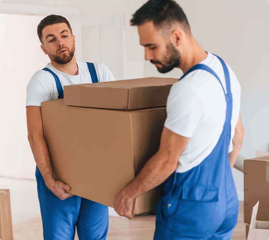 Two workers in blue uniforms transporting furniture during a professional clearing service.