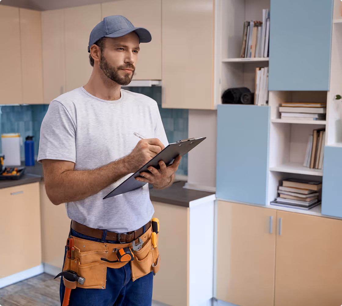 Worker inspecting a room with a clipboard during the Besichtigung.