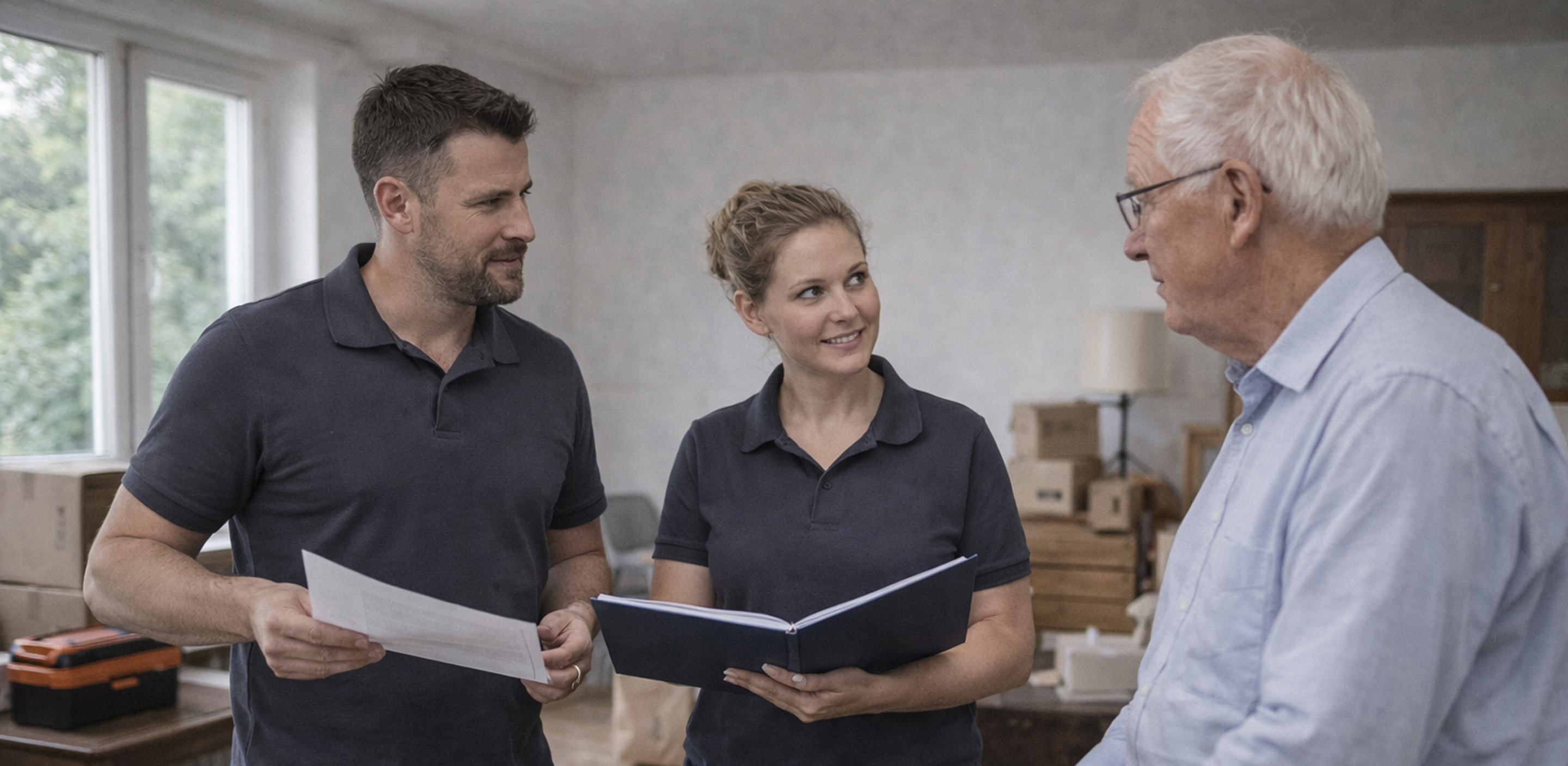 Zwei Angehörige von Pflegediensten sprechen mit einem älteren Mann in einem Wohnzimmer mit Umzugskartons.