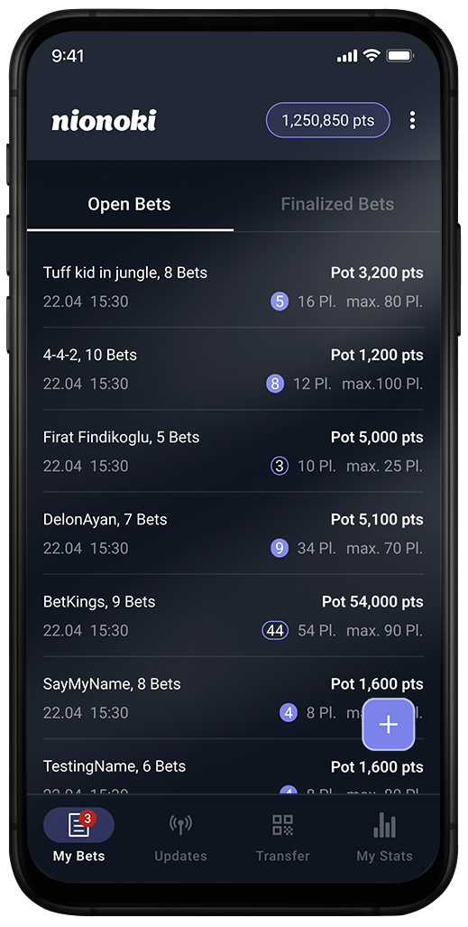 Mobile app screen showing nionoki betting interface with list of open bets, points pots, and player counts under the My Bets tab.