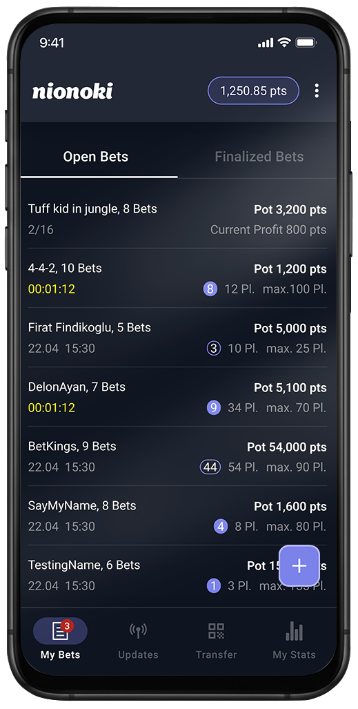 Smartphone screen displaying a betting app named nionoki with a list of open bets, showing bet names, number of bets, pot values, and time details, plus a purple add button and navigation bar.