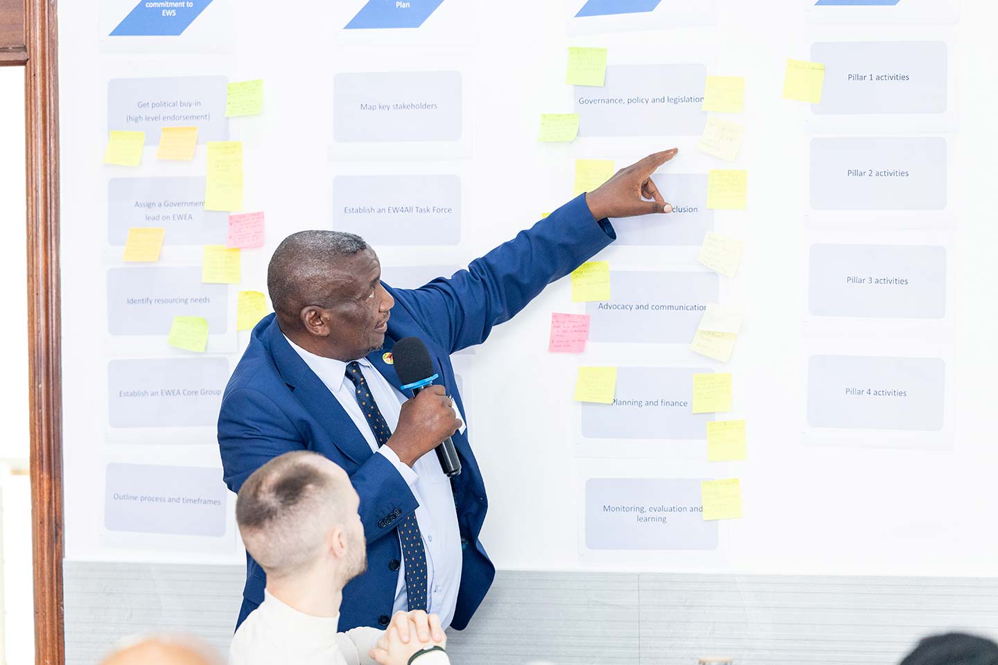 Man in a blue suit holding a microphone and pointing to a wall with organized papers and sticky notes during a presentation.