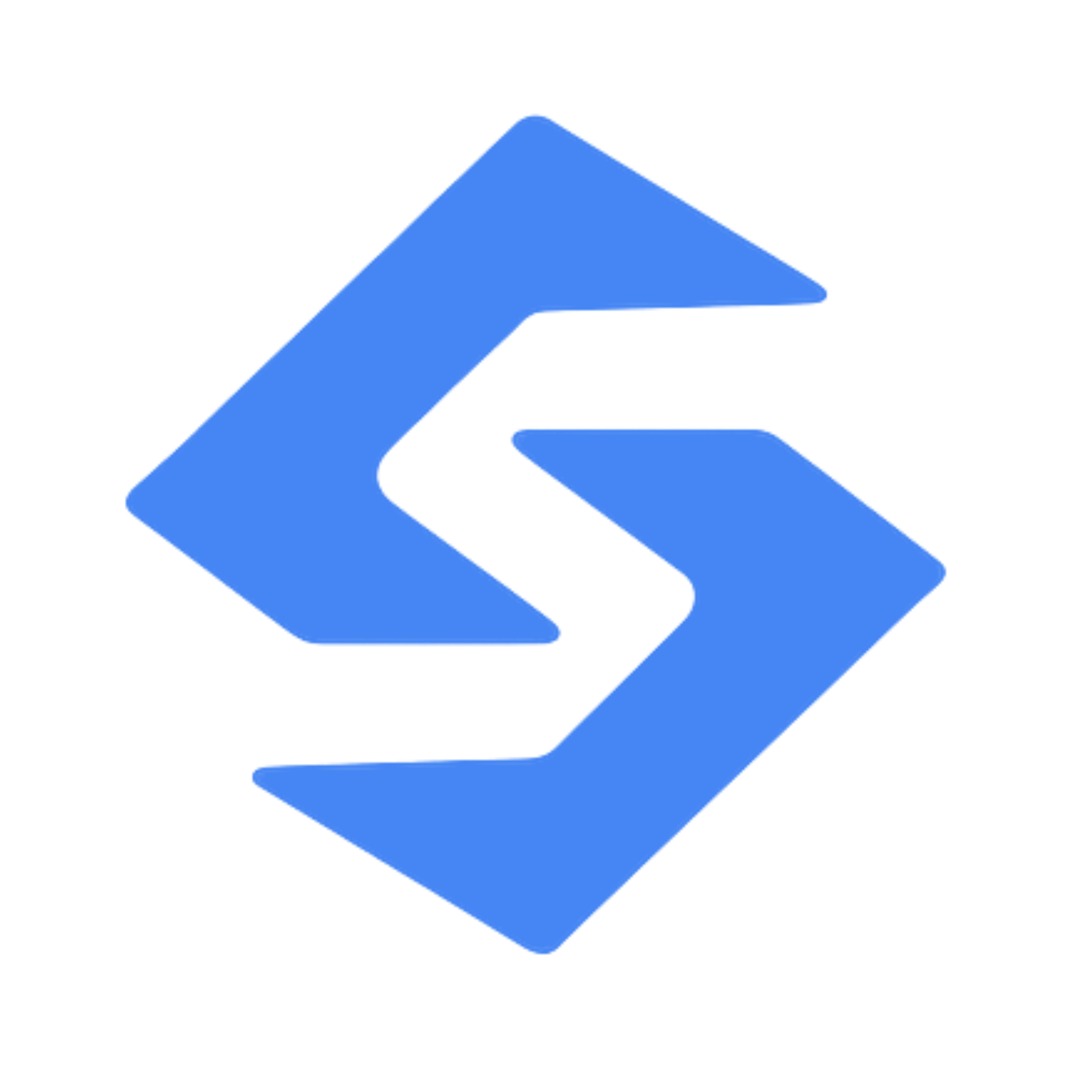 Blue abstract geometric shape consisting of two connected angular arrows pointing right.