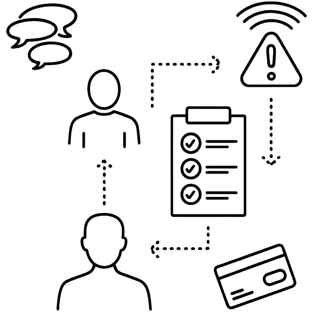 Diagram with two human outlines connected by arrows to a checklist, speech bubbles, warning alert, and credit card icons.