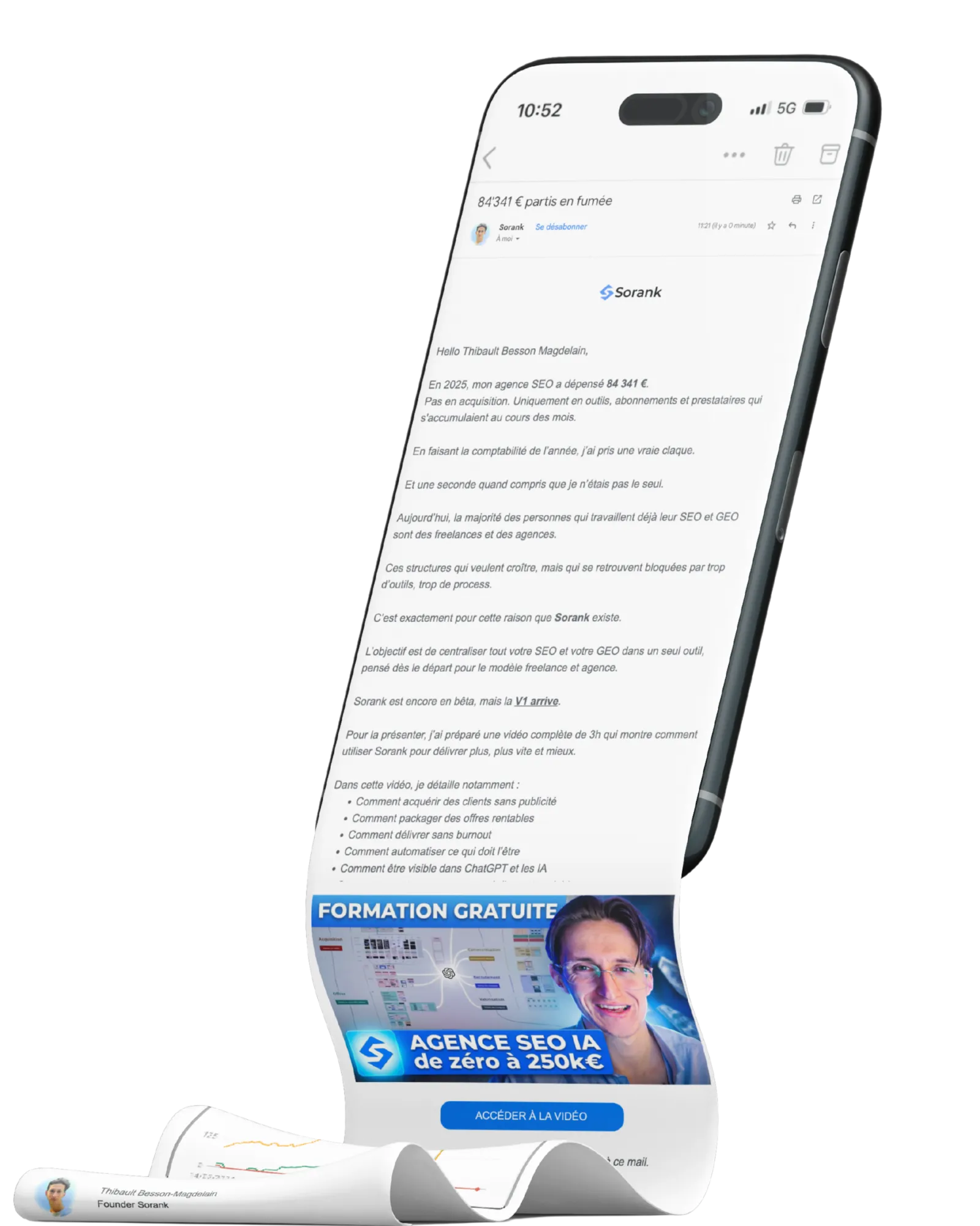 Smartphone displaying an email from Sorank about SEO agency expenses and a free training video on AI-powered SEO agency growth.