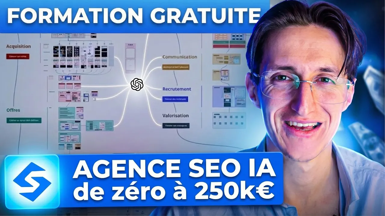 Smiling man with glasses next to text promoting a free training on building an AI SEO agency from zero to 250k euros.