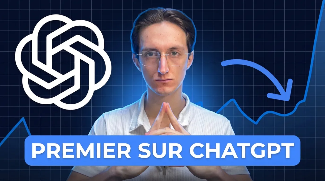 Man with glasses and white shirt in front of a blue graph background and OpenAI logo, with text 'PREMIER SUR CHATGPT'.