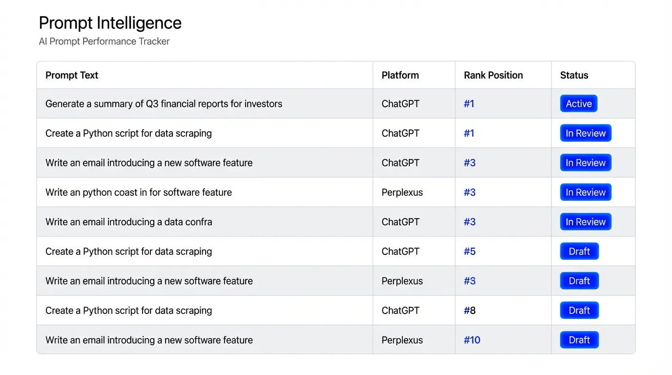 Table from Prompt Intelligence AI Prompt Performance Tracker showing prompts, platforms like ChatGPT and Perplexus, rank positions, and status labels such as Active, In Review, and Draft.