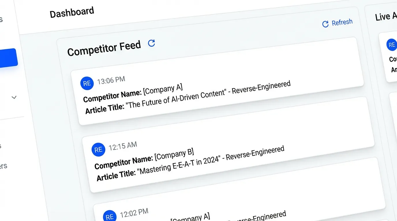 Dashboard screen showing Competitor Feed with posts listing competitor names and article titles about AI content and E-E-A-T.
