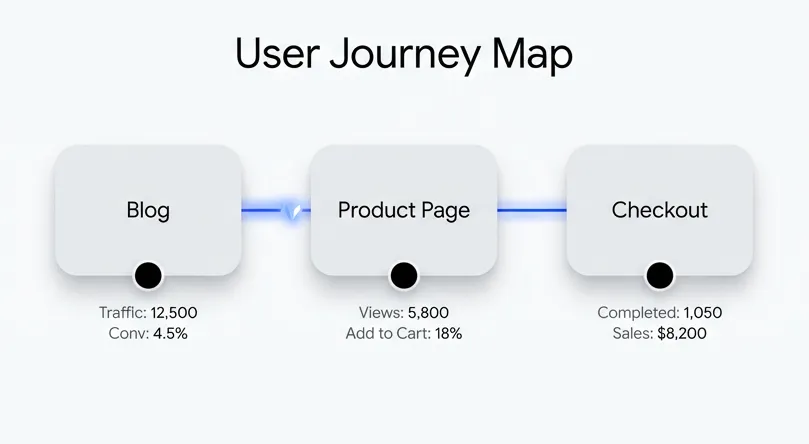 User journey map showing flow from Blog with 12,500 traffic and 4.5% conversion to Product Page with 5,800 views and 18% add to cart, then to Checkout with 1,050 completed and $8,200 sales.